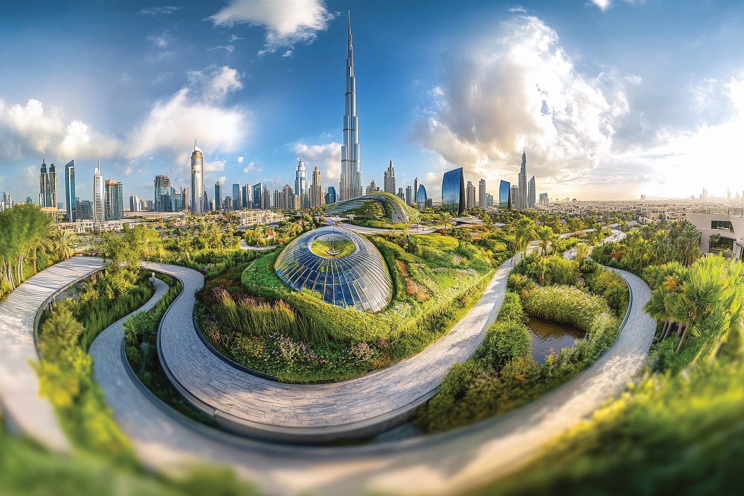 Lush green park with winding paths and futuristic buildings, including the Burj Khalifa, under a bright blue sky.
