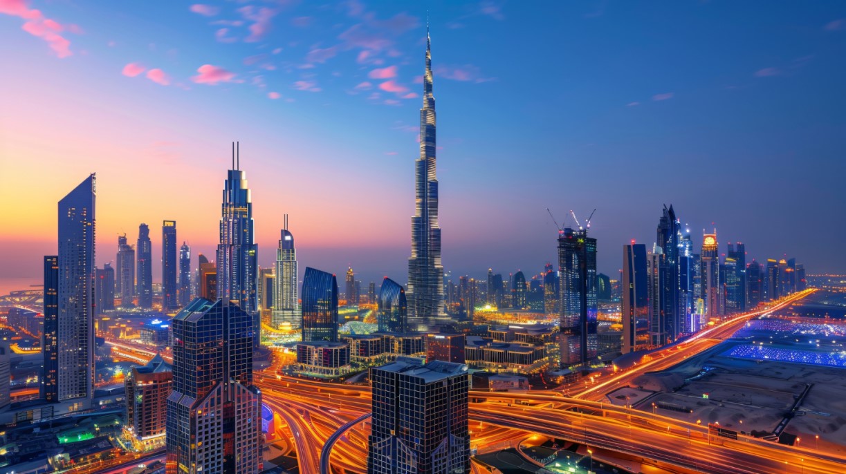 A stunning skyline view of Dubai at dusk, showcasing the Burj Khalifa and illuminated skyscrapers against a colorful sky.