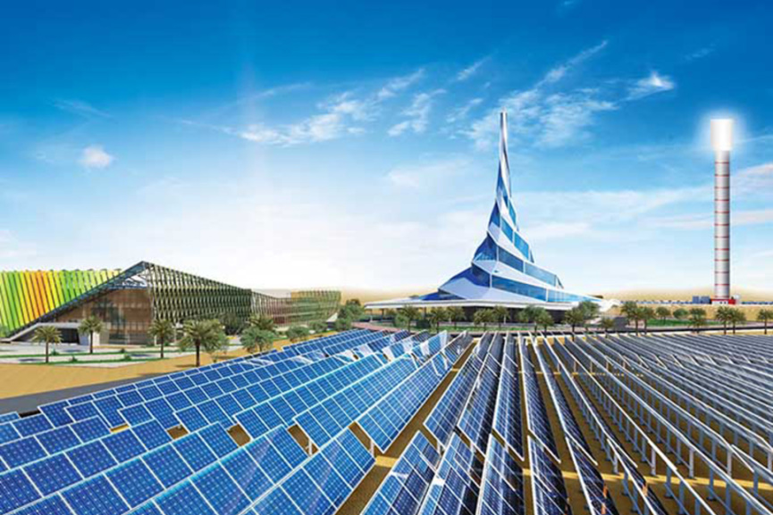 A futuristic solar power plant with an array of panels and innovative buildings under a blue sky.