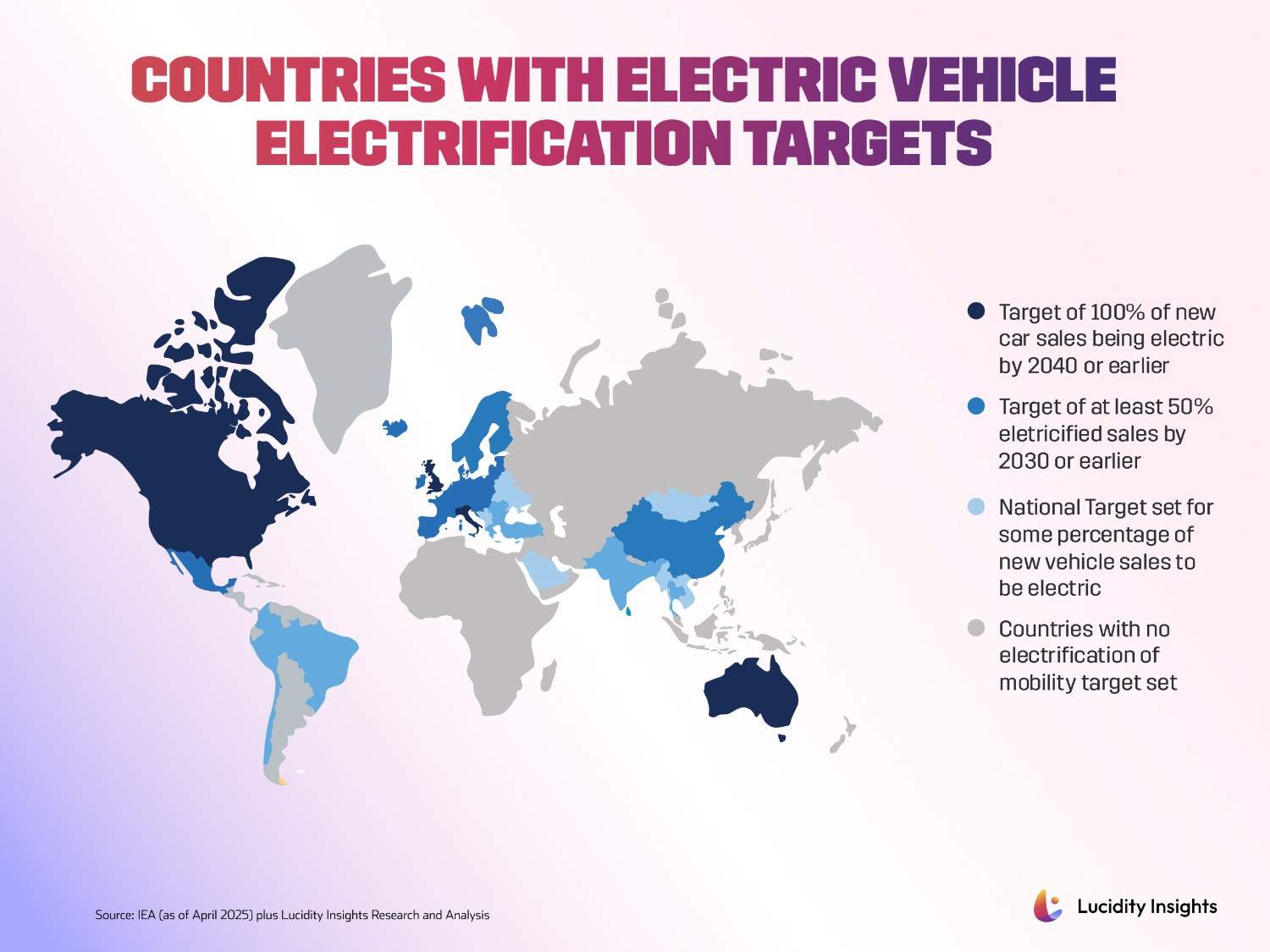 Map showing global electric vehicle targets: 100% by 2040, 50% by 2030, and countries with no targets set.