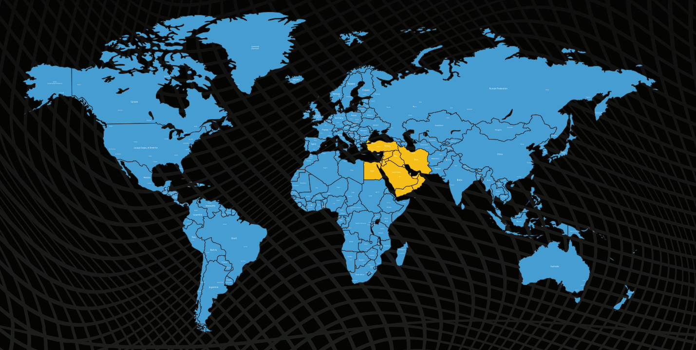 Map of the world with Middle East region highlighted